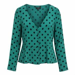 J. Crew Green Black Polka Dot Peplum Blouse 10 V-Neck Button Front Babydoll Top